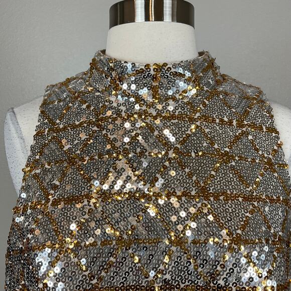 Eliza J Sequined Sleeveless Halter Sheath Cocktail Dress Gold and Silver Size 10 - Picture 7 of 12